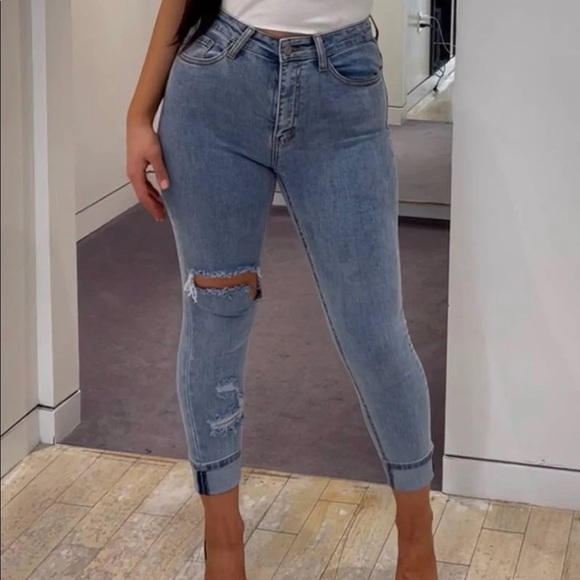 High Waist Distress Cutout Stretch Medium Wash Skinny Jeans - Picture 1 of 6